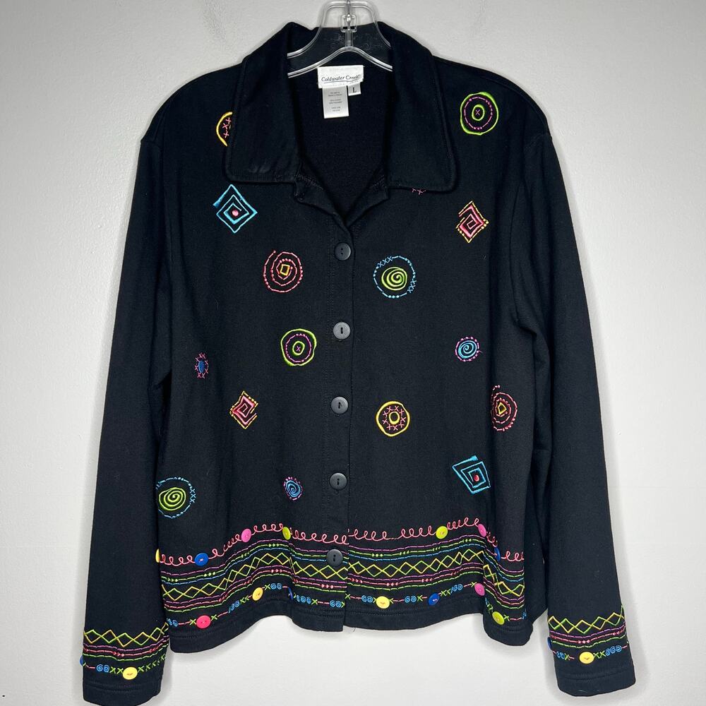 Coldwater Creek Jacket Sz L Art To Wear Applique Embroidered Buttons Cotton Boho
